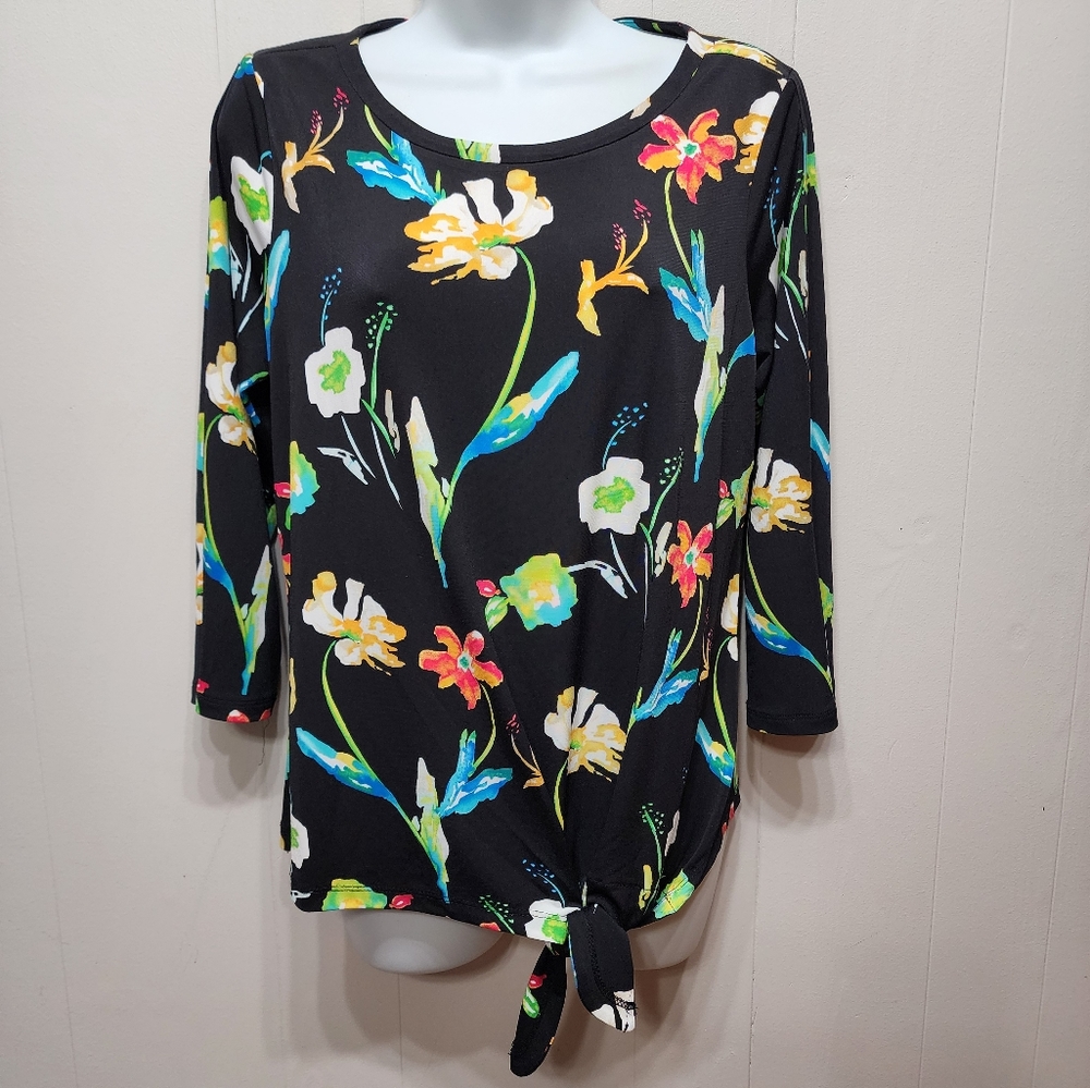 Rafaella Top Women's Small Front Tie Black Floral 3/4‎ Sleeve Office Casual B359